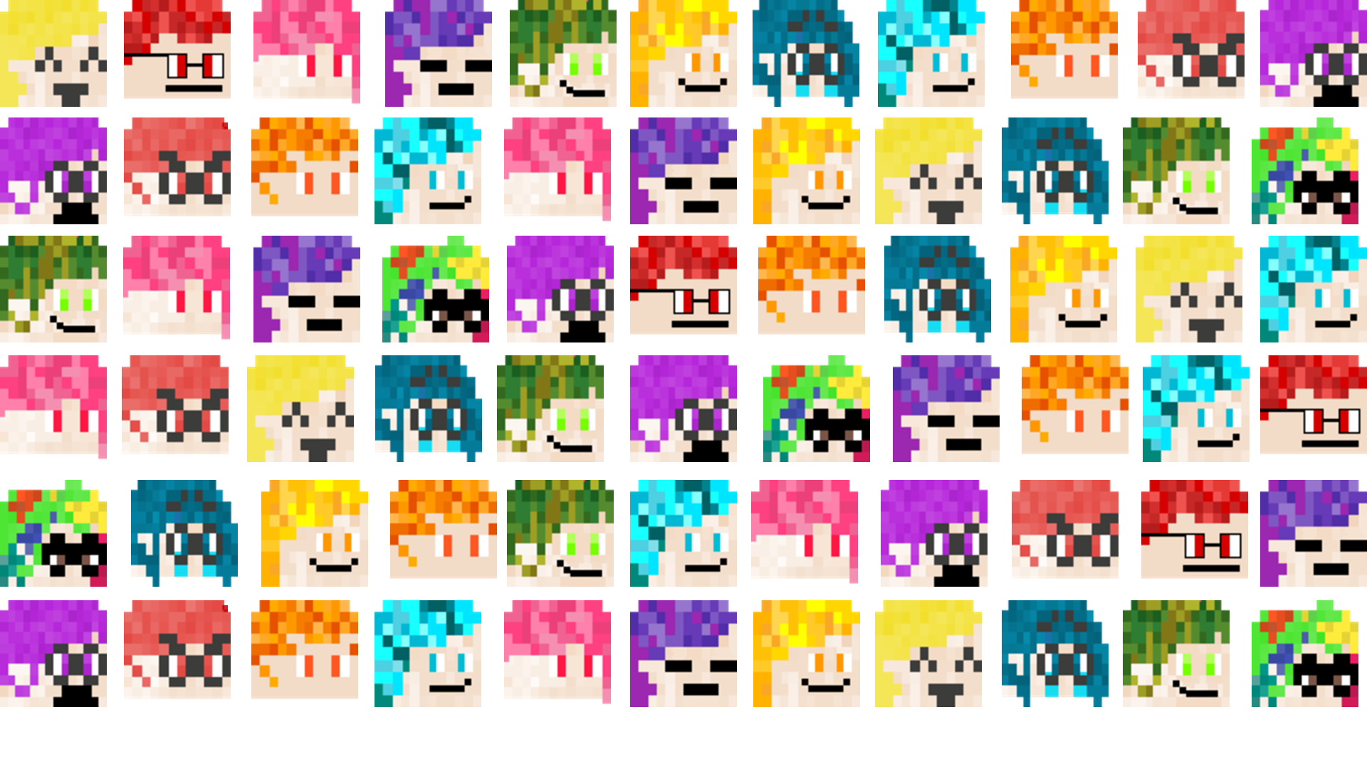A grid of pixel art avatar icons: blocky faces with brightly coloured hair, sunglasses and different expressions.